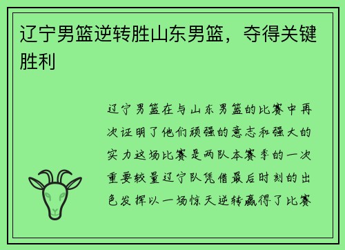 辽宁男篮逆转胜山东男篮，夺得关键胜利